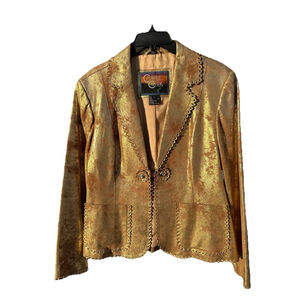 Cripple Creek Country Western Genuine Leather Jacket Womens L Gold Party Blazer